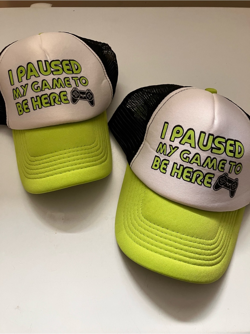 New Set of 2 Neon Green/black/white  "I Paused My Game" Trucker Hats